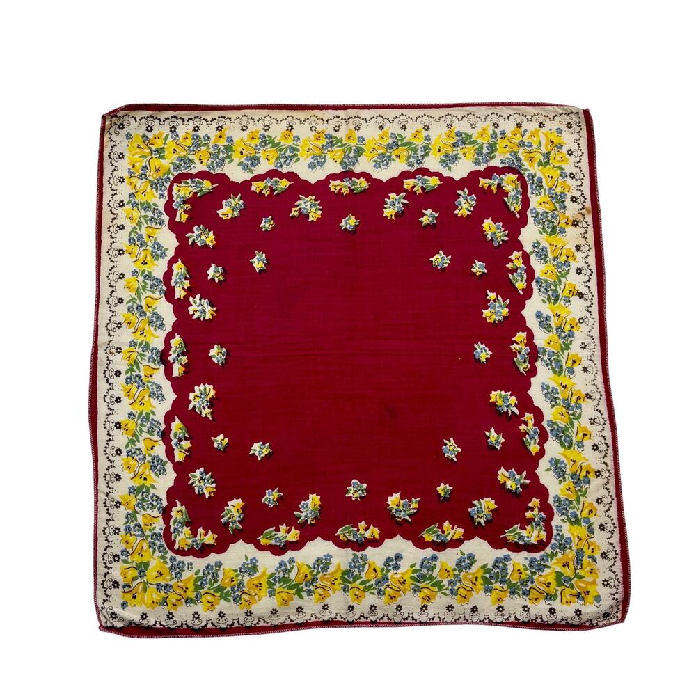 Vintage 1940s Cotton Handkerchief Burgundy Red Floral Yellow Border Stitched Hem